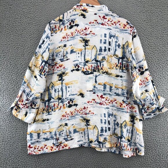 Multiples Shirt Womens Extra Large Petite Watercolor Boats Resort Wired Collar - Picture 3 of 9